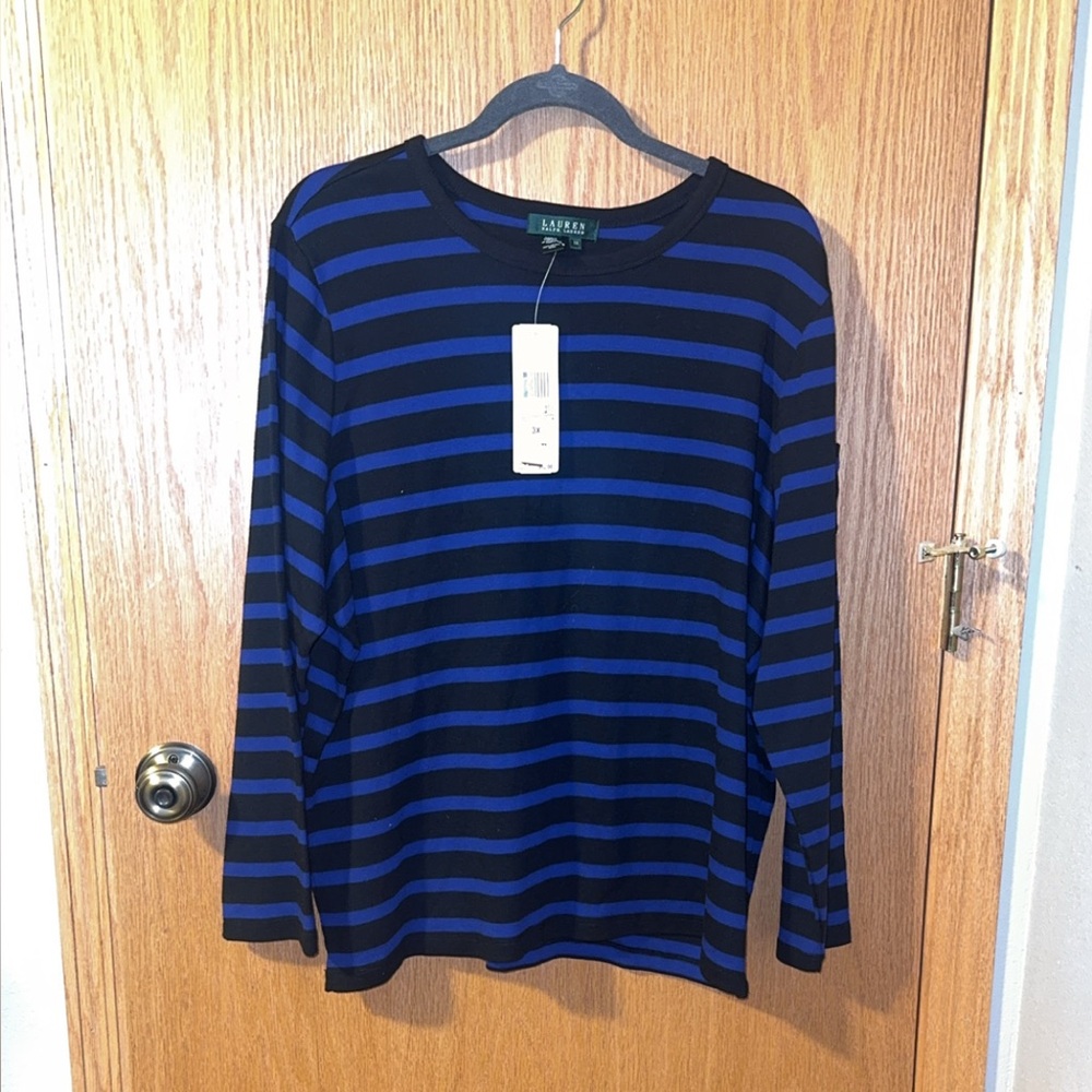 Lauren Ralph Lauren Plus Size 3X Blue and Black Striped Long Sleeve Pocket Knit